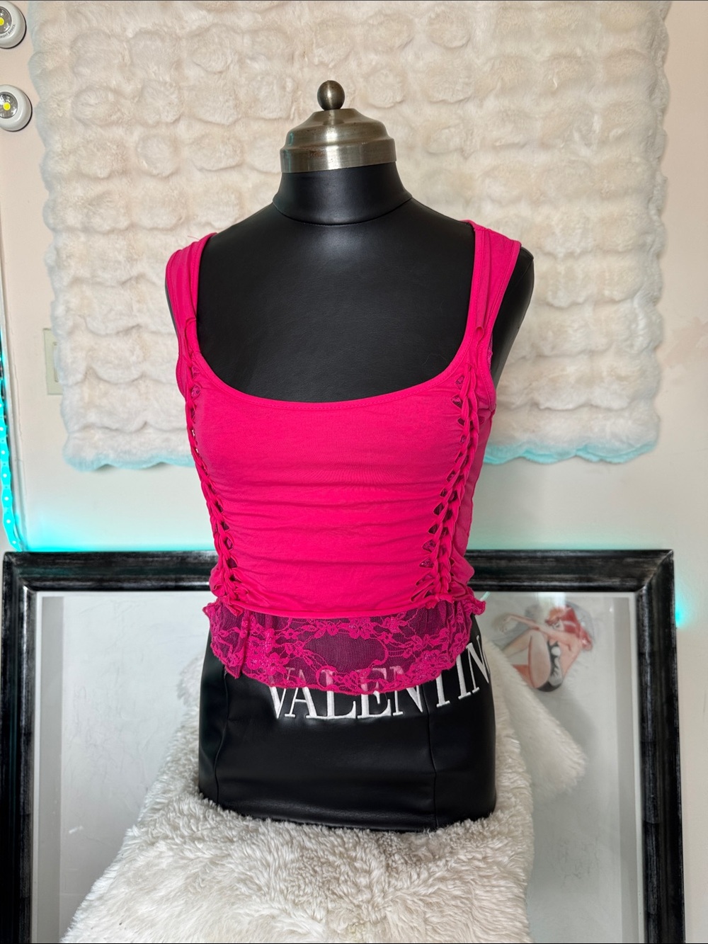 Current Mood Hot Pink Lace-Trim Tank